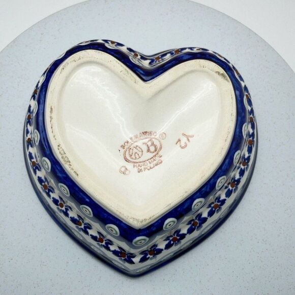 Boleslawiec Pottery Heart Shaped Bowl 6" Peacock Eye Flowers Dish Made in Poland - Picture 8 of 15